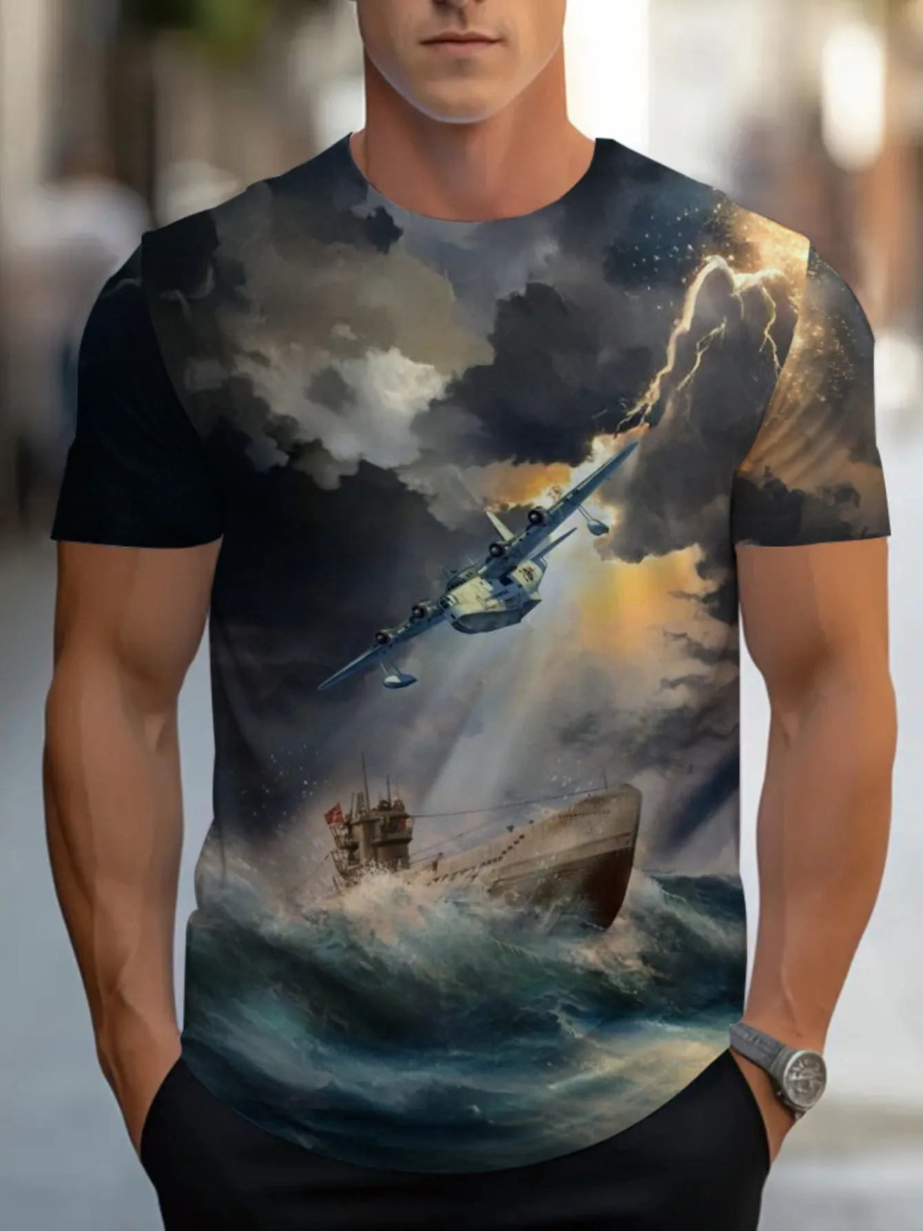 Men Vintage Military Bomber Plane Warship Storm Lightning Ocean Cloud Print Black Short Sleeve Crew Neck T-shirt