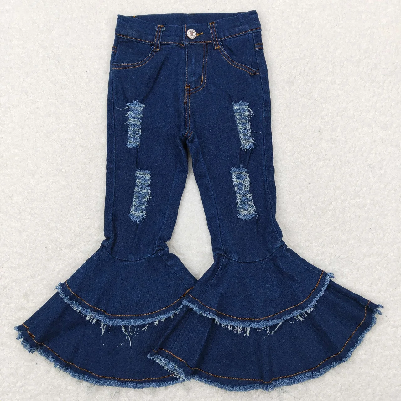 

Wholesale Toddler Zipper Double Ruffle Bell Pants Baby Girl Trousers Clothing Kids Infant Pocket Children Dark Blue Denim Jeans