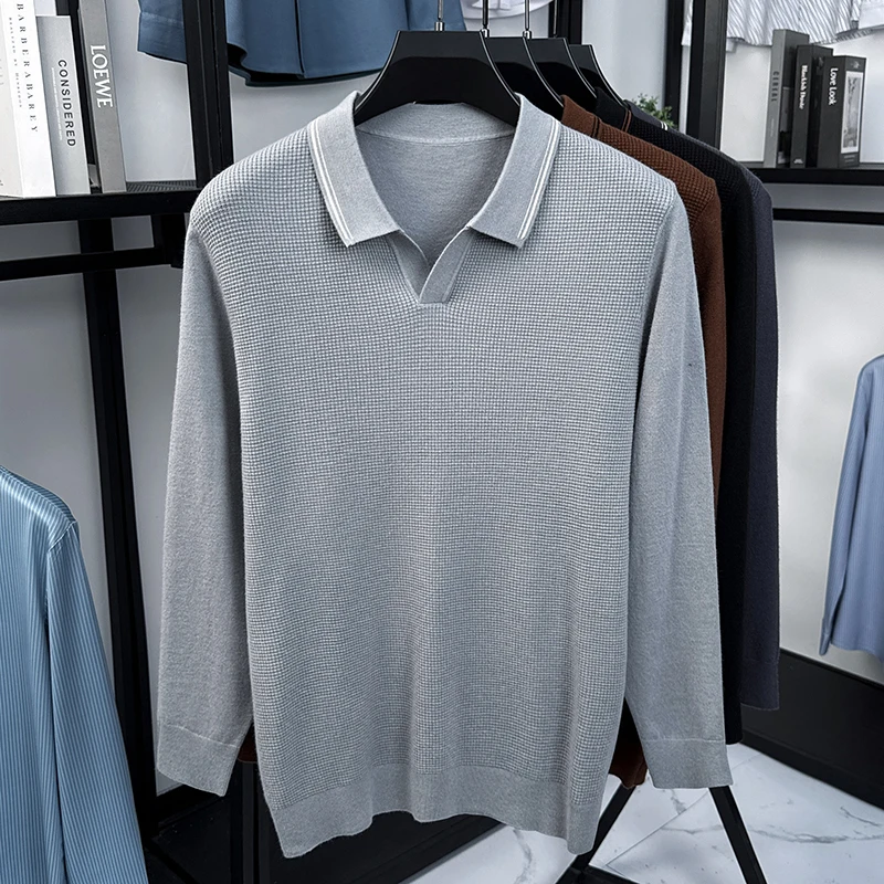 Sweter Rajut Kerah V Kecil Lengan Panjang Pria Merk High End, Warna Solid Model Waffle, Musim Gugur Musim Dingin, Tren Kasual Pakaian Pria Terbaru