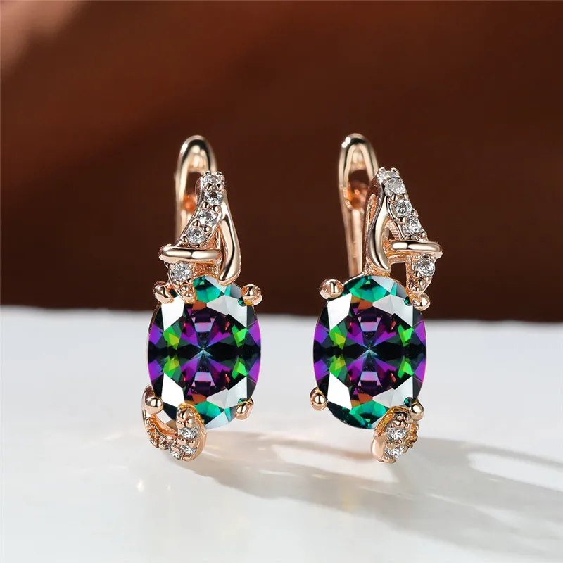 Großer ovaler Stein Regenbogen Kristall Ohrring mystische mehrfarbige Zirkon Clip Ohrringe Vintage Gold Farbe Verlobung schmuck für Frauen