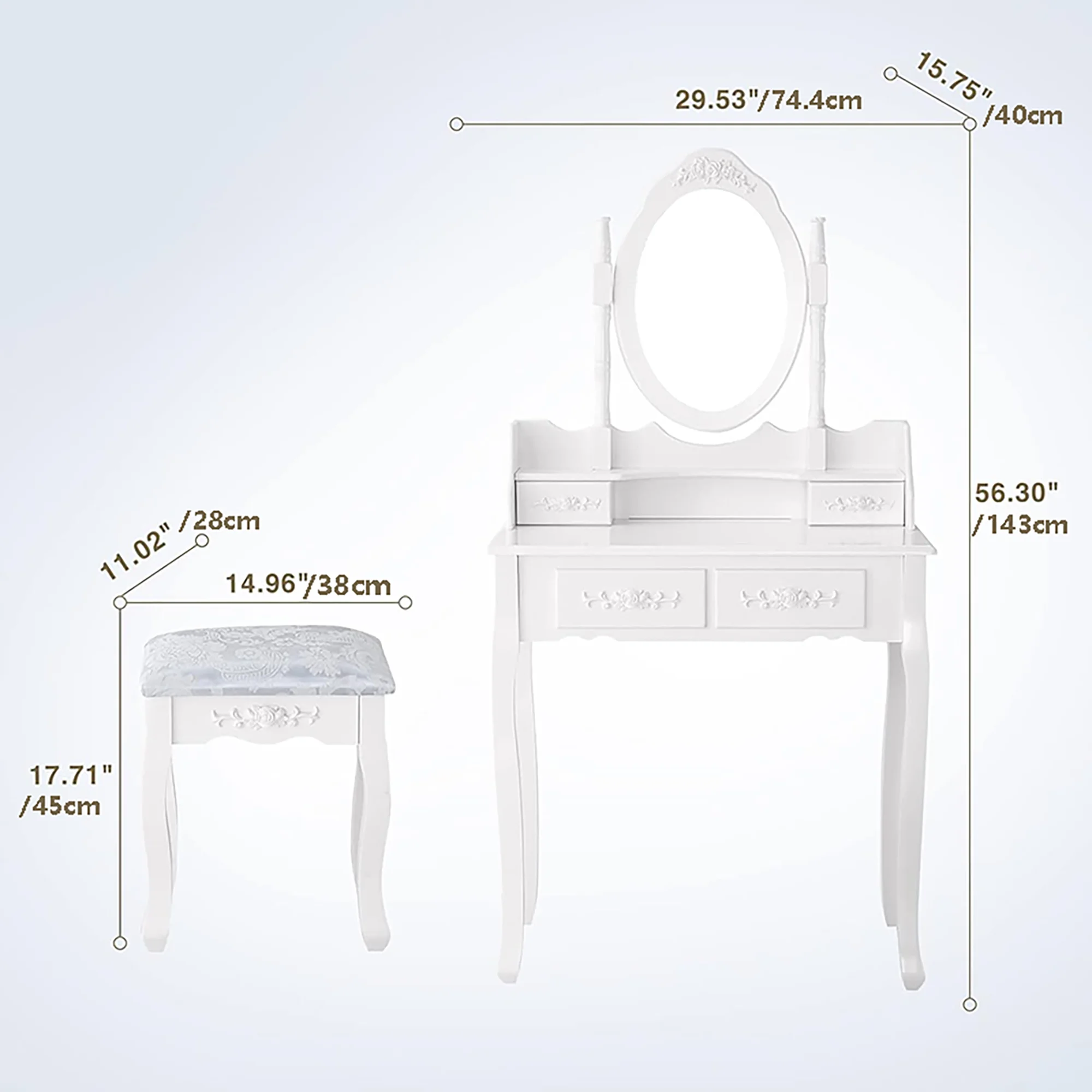 

Vanity Table Set with 4 Drawer, Makeup Dressing Table w/Cushioned Stool, Girls Women Bedroom Furniture Set Oval Mirror