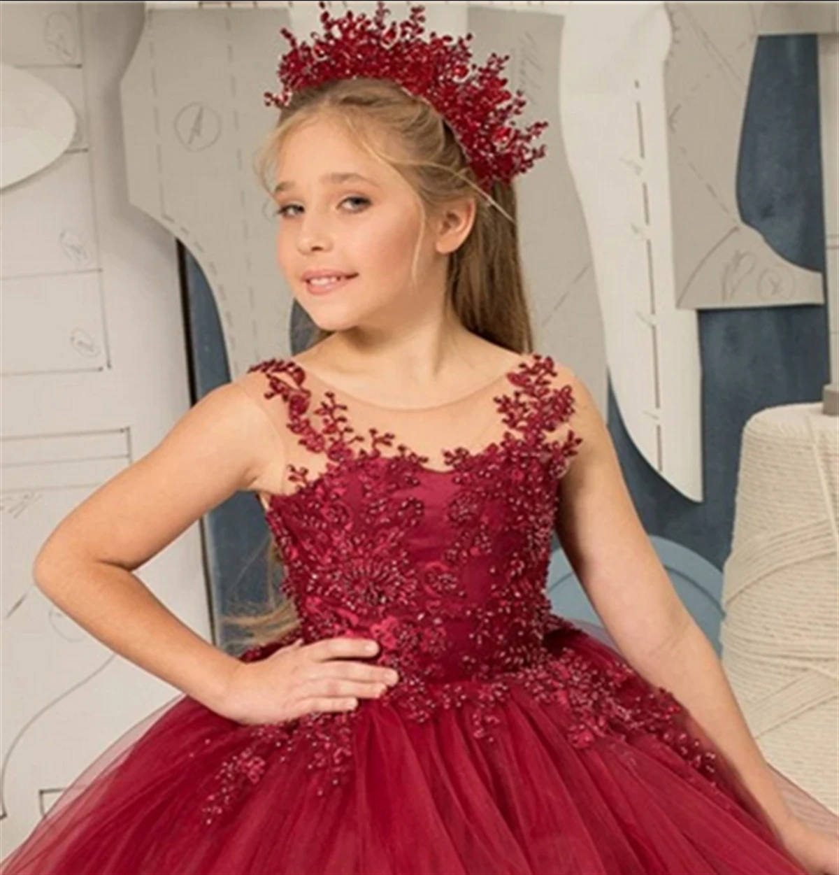 Flower Girl Dress Red Layered Fluffy Tulle Bow Sparkly Sleeveless Wedding Flower Child Communion Birthday Party Dress Girl Gift