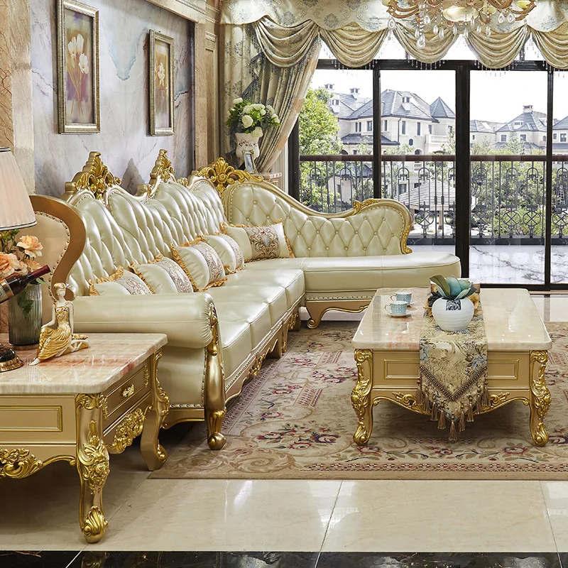 European leather sofa combination, luxury and light luxury in the living room