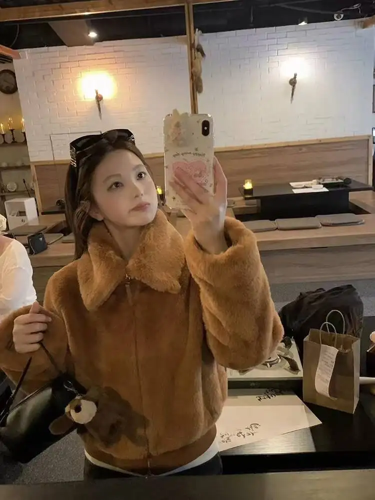 Faux Lamb Coats For Women Winter Loose  Thick Warm Crop Jacket Korean Hairy Lapel All Match Fur Outerwear New