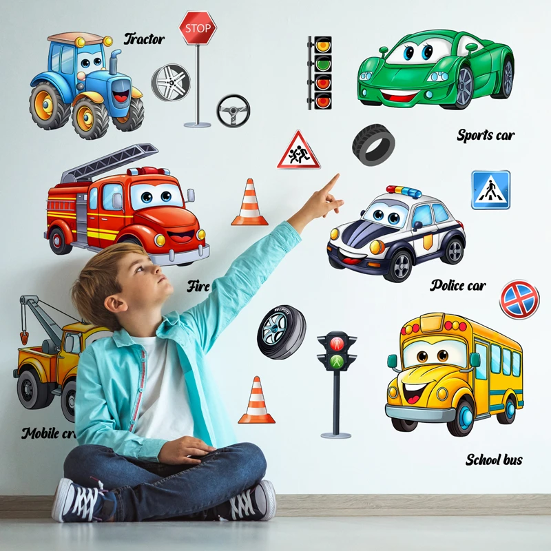 Children Puzzle Cartoon Vehicle Wall Stickers for Kids Room Bedroom Home Decoration Sport Car Bus Tractor Crane DIY Vinyl Decals