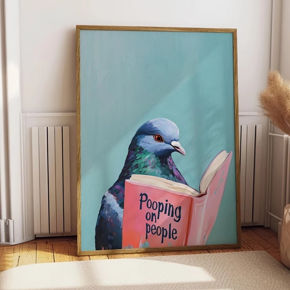 Modern Pigeon Reading Pooping On People Book  Wall Art Print Canvas Painting Poster Picture For Living Room,Bedroom Home Decor