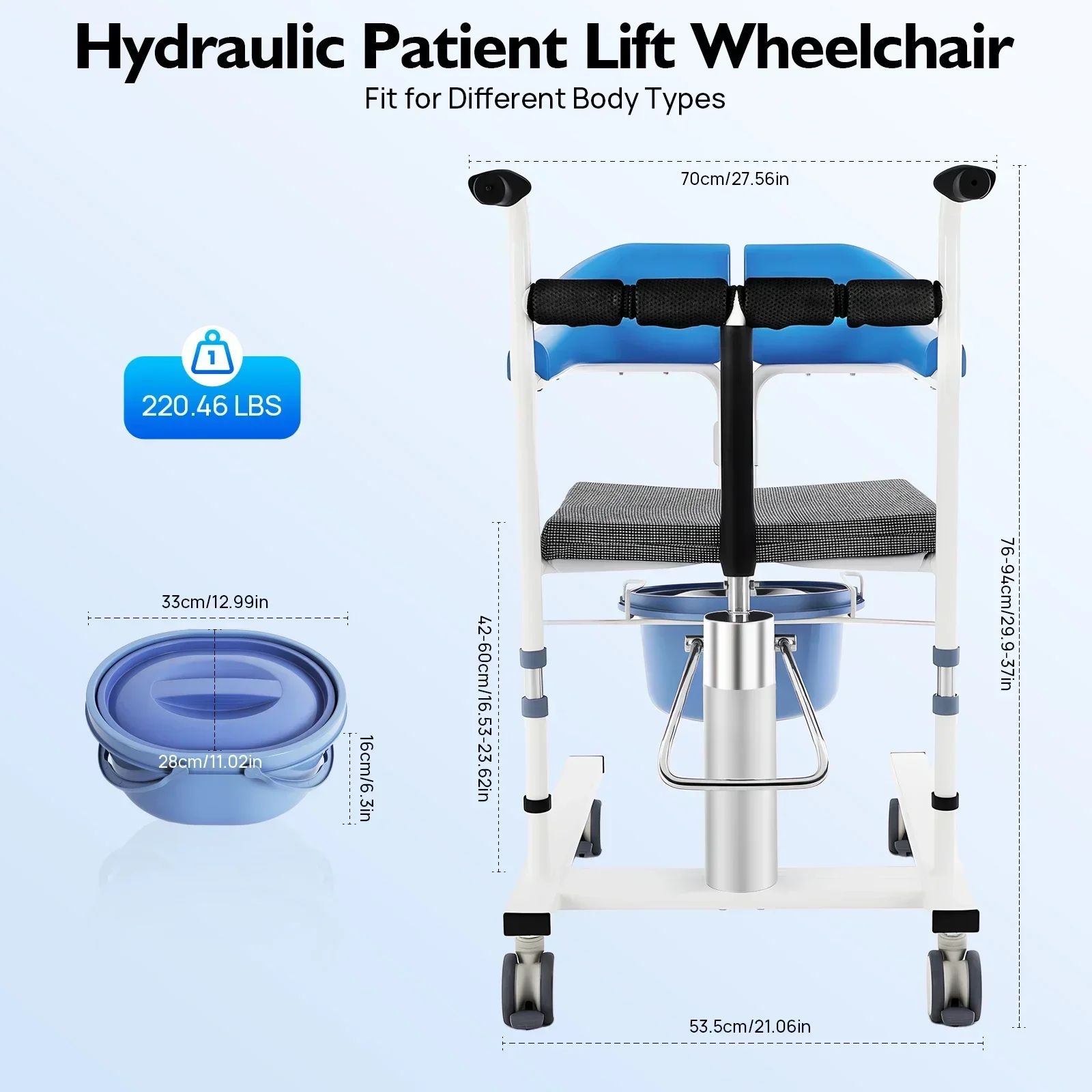 Hydraulischer Patientenlifter-Rollstuhl, blau, mit Rückenlehne und Esstisch, hochbelastbar, aus hochfestem Kohlenstoffstahl, 220 lbs Tragkraft, Bremsrollen, für Patiententransfer, Senioren. – Detail 2
