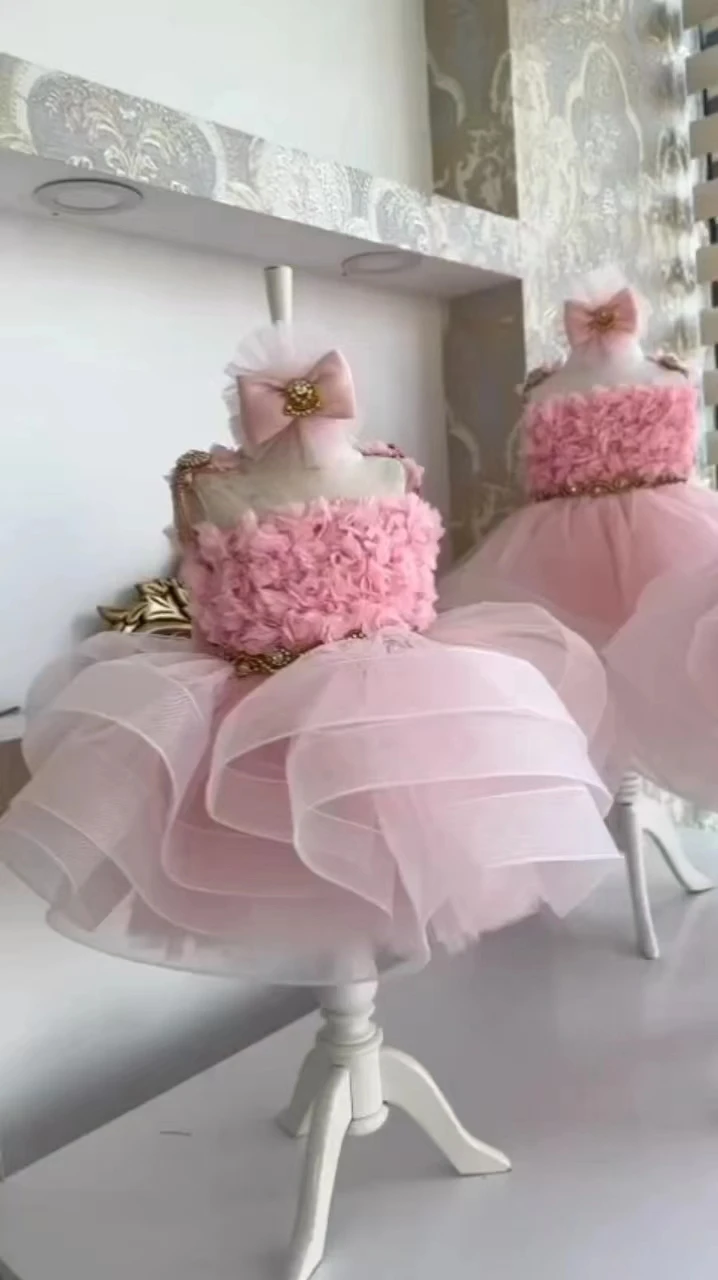 

Toddle Flower Girl Dress Pink Fluffy Layered Tulle Applique Princess Birthday Gown