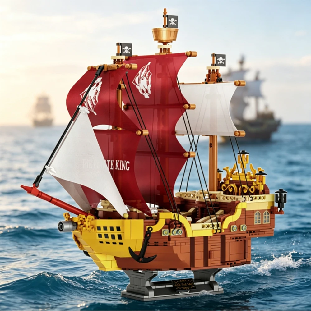 Vintage Caribbean Pirate King Ship Mini Building Blocks MOC Vessel Model Home Decor Collectible Hand‑Assembly Ornament Gift