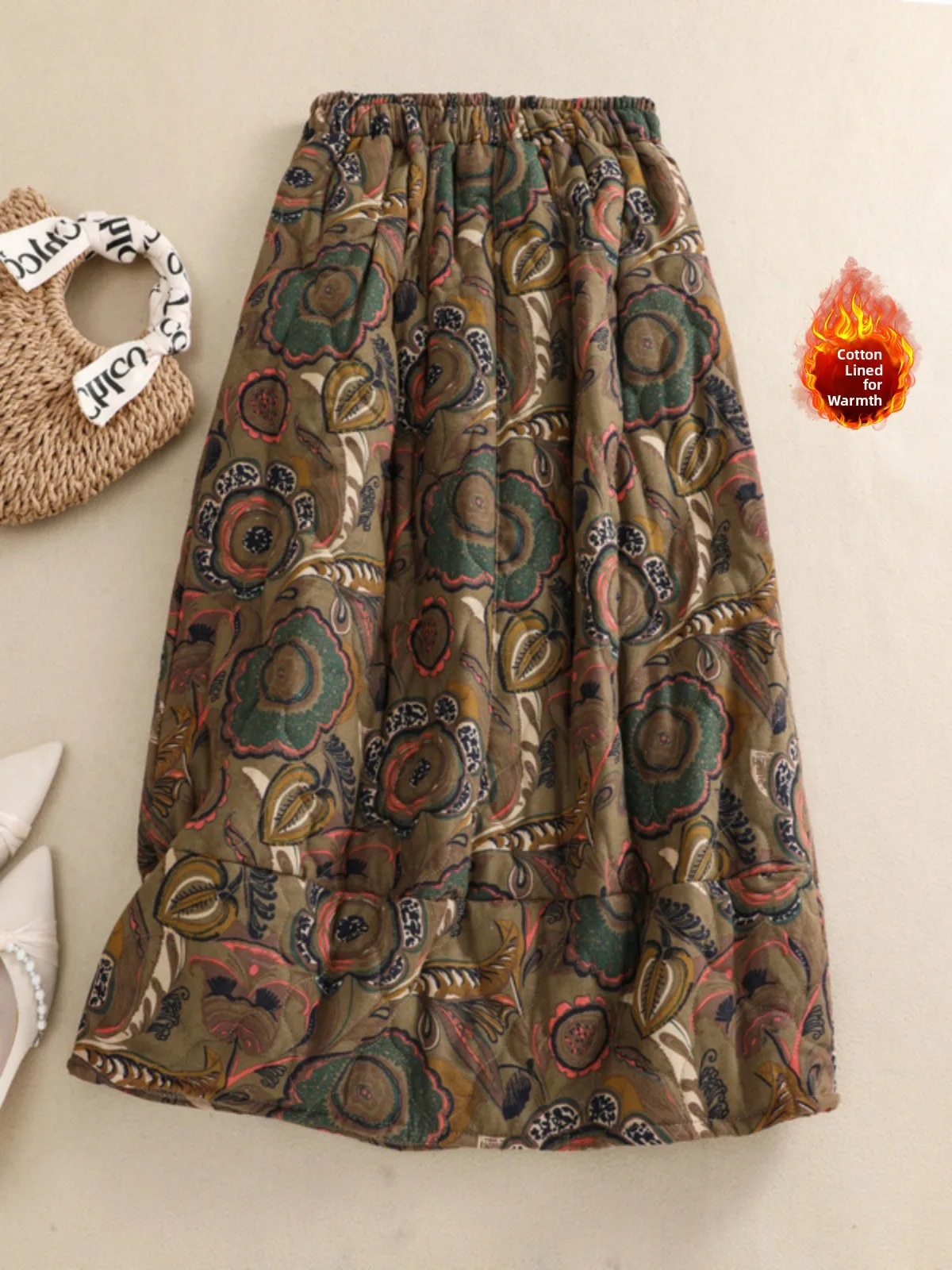 

Утепленная хлопково-льняная юбка А-силуэта средней длины с эластичной талией в винтажном стиле для женщин среднего возраста, зимняя модная женская юбка