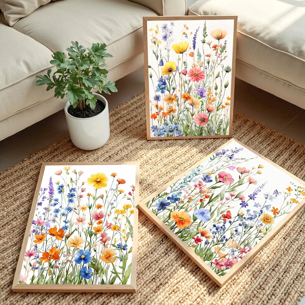 

1pc Colorful floral canvas wall painting wildflowers and green leaves aesthetic floral poster watercolor daisy wall decoration