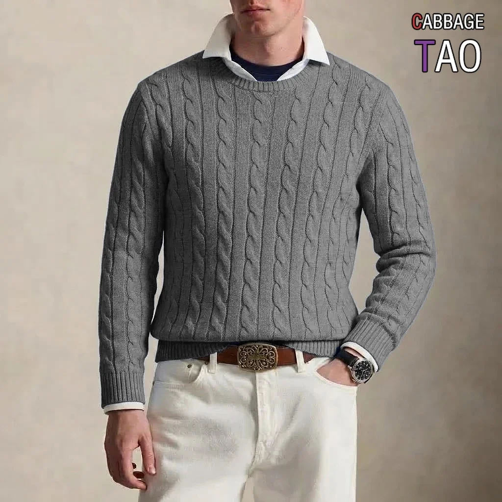 Mens Retro Cable Knit Jumper Sweater Crew Neck Fall Long Sleeve Knit Shirts Casual Business Cozy Winter Pullover Apparel