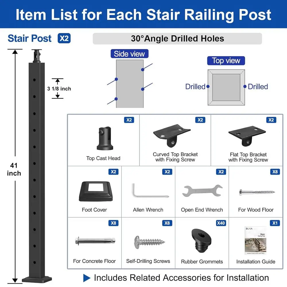 42 Stair Cleat Railing Posts (41x2x2), Stainless Steel Adjustable Line Post, Matte Black Top Mount Cleat Handrail for Railing Ki