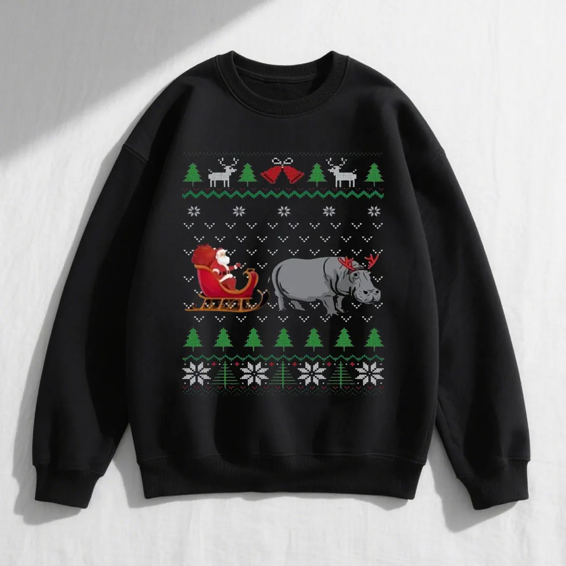 Lustiges Nilpferd, das Weihnachtsmann-Schlitten zieht, lustiges Nilpferd-Thema, hässliches Weihnachts-Sweatshirt, männlich, Roupas Feminina, Langarm-Tops