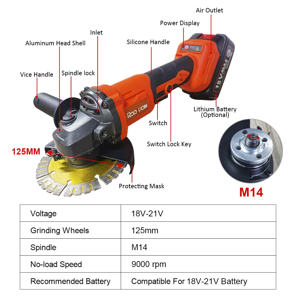 RDDSPON Brushless Cordless Angle Grinder 125MM M14 Electric Polishing Cutting Machines 3 Adjustable Speed For Makita 18V Battery