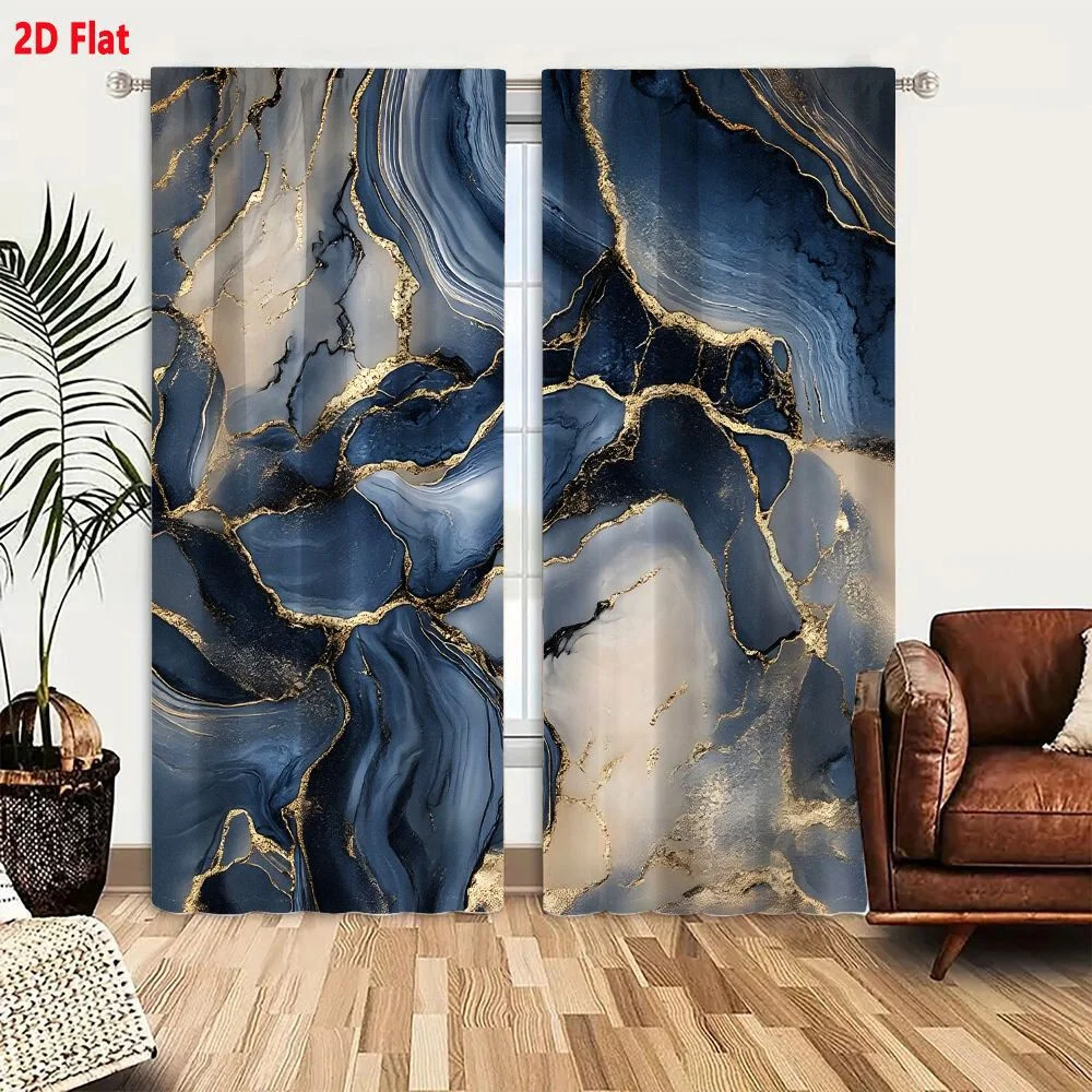 2Pcs Curtains Luxury Abstract Fluid Art With Navy Blue And Gold Veins For Modern Interior Decor Window Drapes for Bedroom Room D
