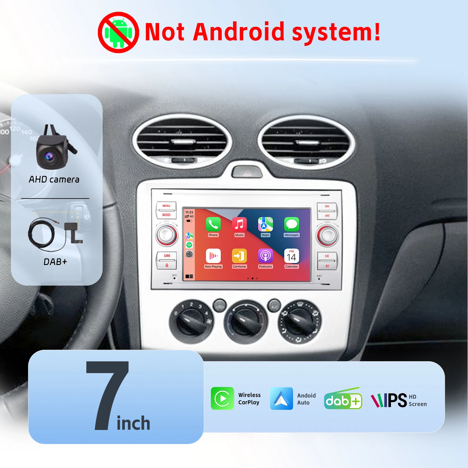 

7" IPS Touch Screen Car Radio with Wireless Carplay Android Auto AHD Rear View Camera for Ford Fiesta Fusion Mondeo Kuga C-Max