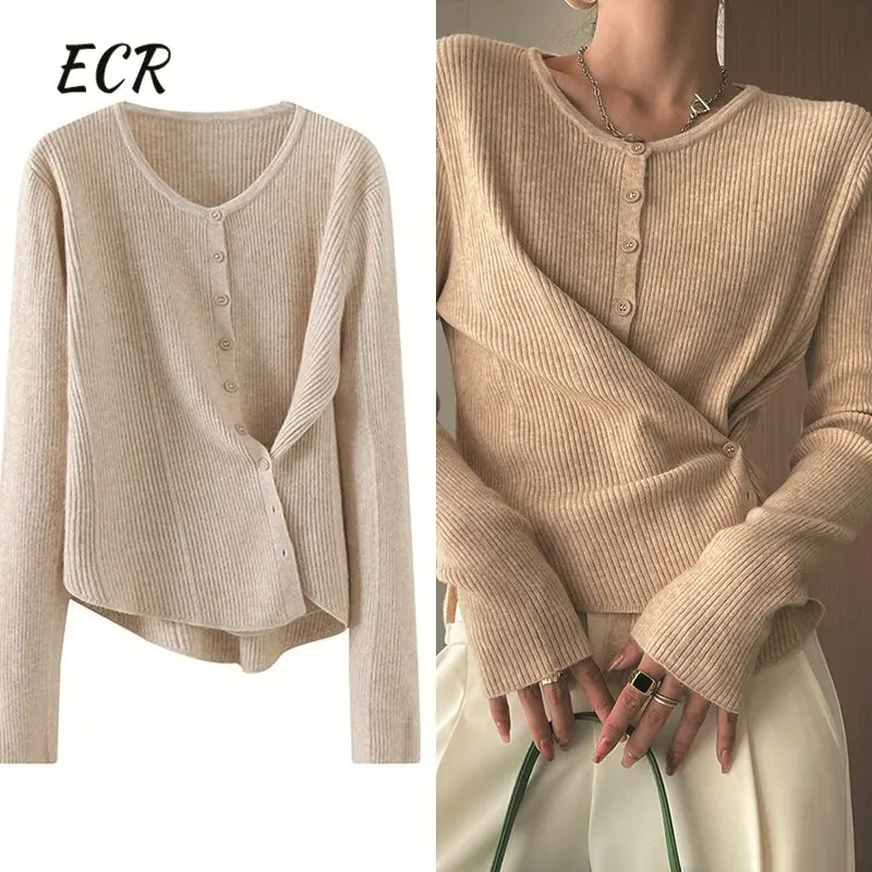 

ECR Solid Irrugular Slimming Knitting Sweaters For Women Round Neck Long Sleeve Mspliced Button Minimalist Sweater Female New