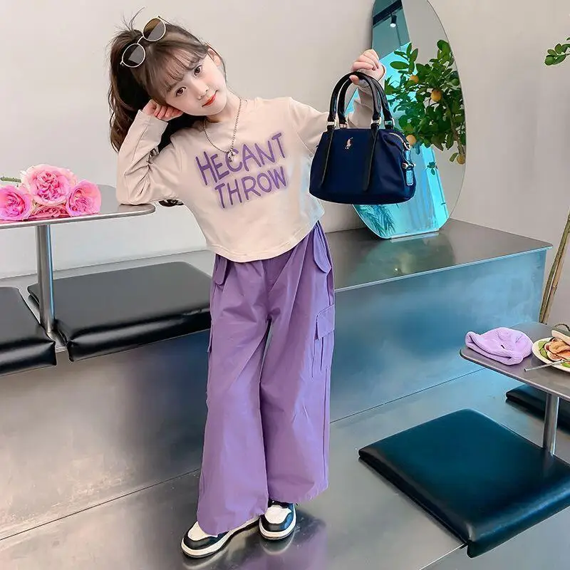 

Kawaii модные топы и брюки для девочек, студенческая весенне-осенняя повседневная футболка, пуловер, длинные штаны, комплект из 2 предметов, детская одежда