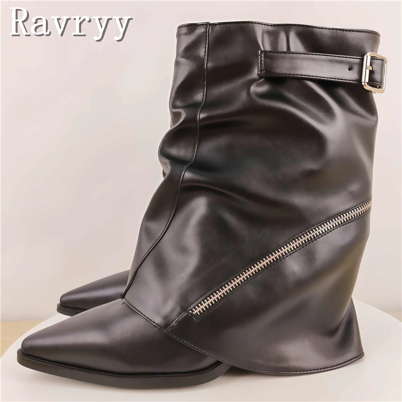 

Luxury Design Black Skirted Mid Calf Boots Women New Pointed Toe Thick Heel Fashion Side Zippers Decor Western Cowgirl Booties