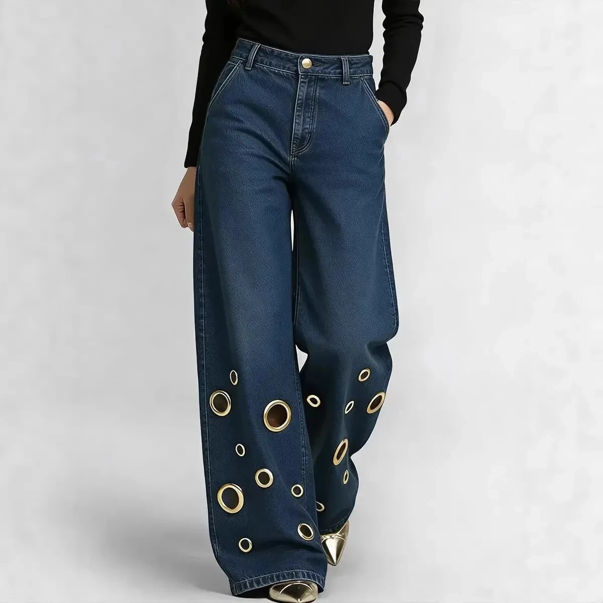 Washed High Waisted loose Straight leg Denim Pants Women's Fashion Hollowed out Metal Jeans Women's Spring Autumn long Pants