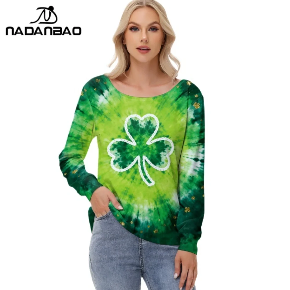 Nadanbao Women Long Sleeved Clover T-shirt Sexy Off Shoulder Shirt St Patricks Day Party Tops Irish Festival Shamrock Shirts