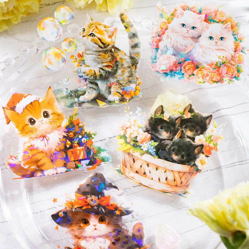 10pcs/pack Kawaii Cats playing Stickers PET Materials DIY Scrapbooking Materials Collage Junk Journal Decor Stickers