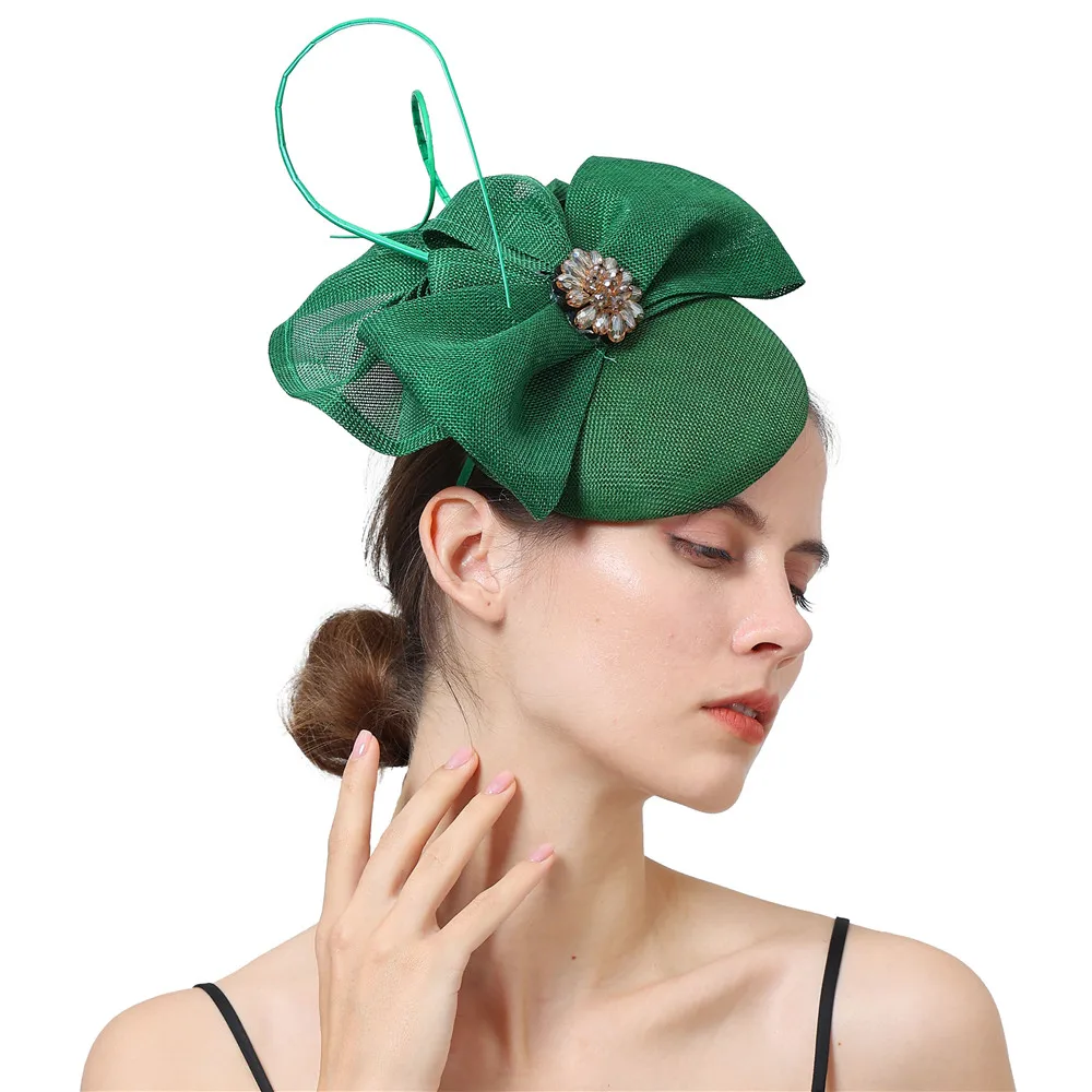 Church Party Green Bow Fascinators Hats Women Elegant Ladies Headwear Hairpin Fedora Caps Feather Hair Accessories SYF480