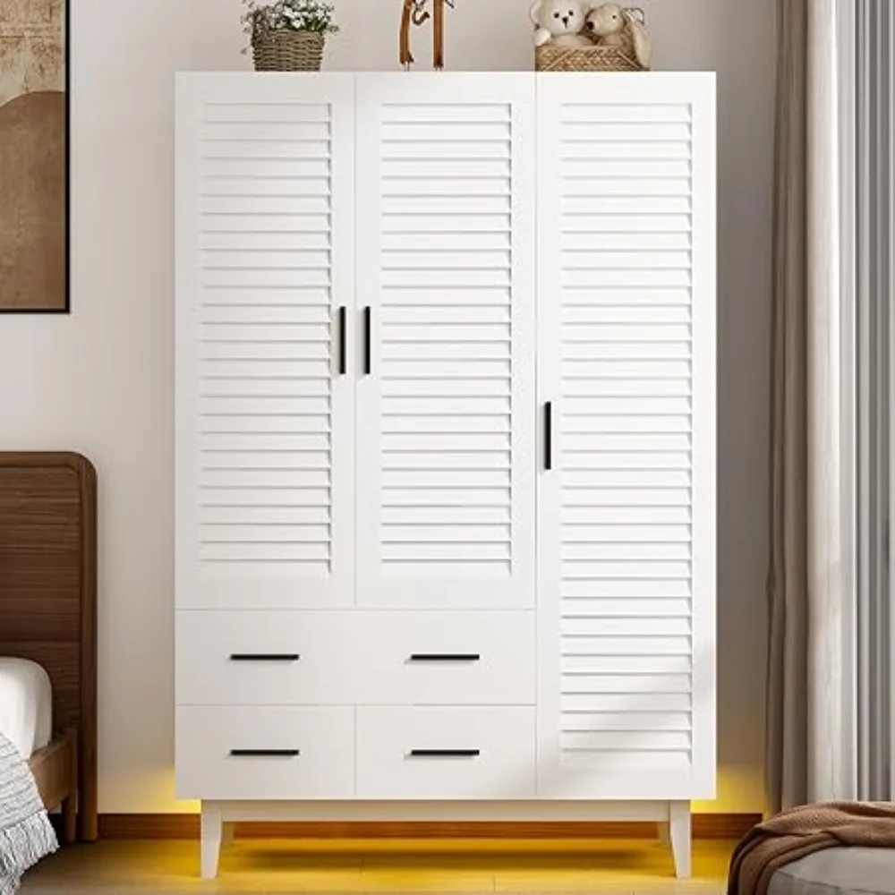 3 Door Armoire Wardrobe Closet Cabinet with Drawers and LED Lights, Multi-Tier Shelves, Hanging Rod & 3 Louver Doors