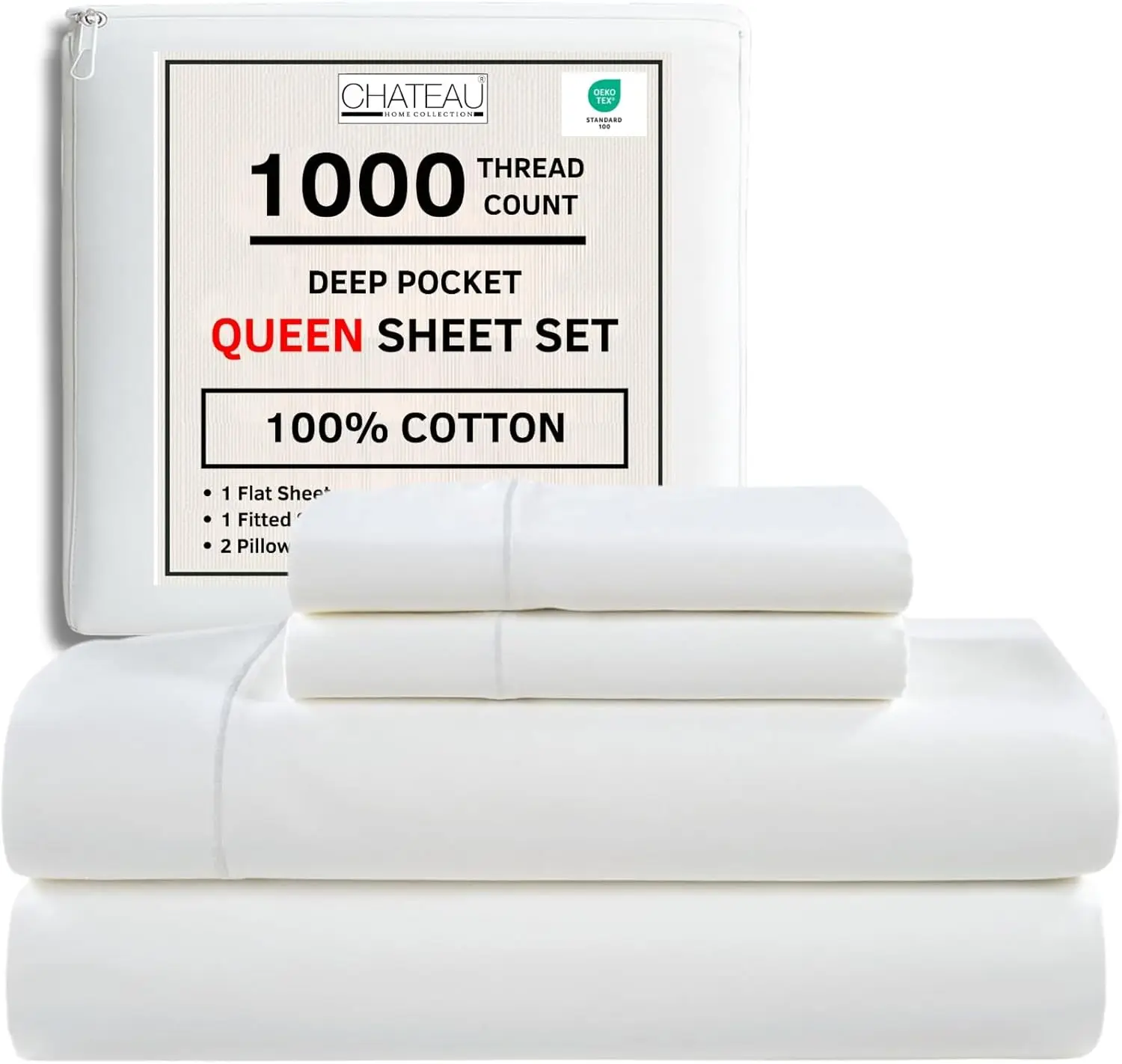 

Комплект постельного белья Queen Size из хлопка - 1000 нитей, сатиновое переплетение, дышащее и мягкое, машинная стирка, глубокие карманы 15 дюймов - белый