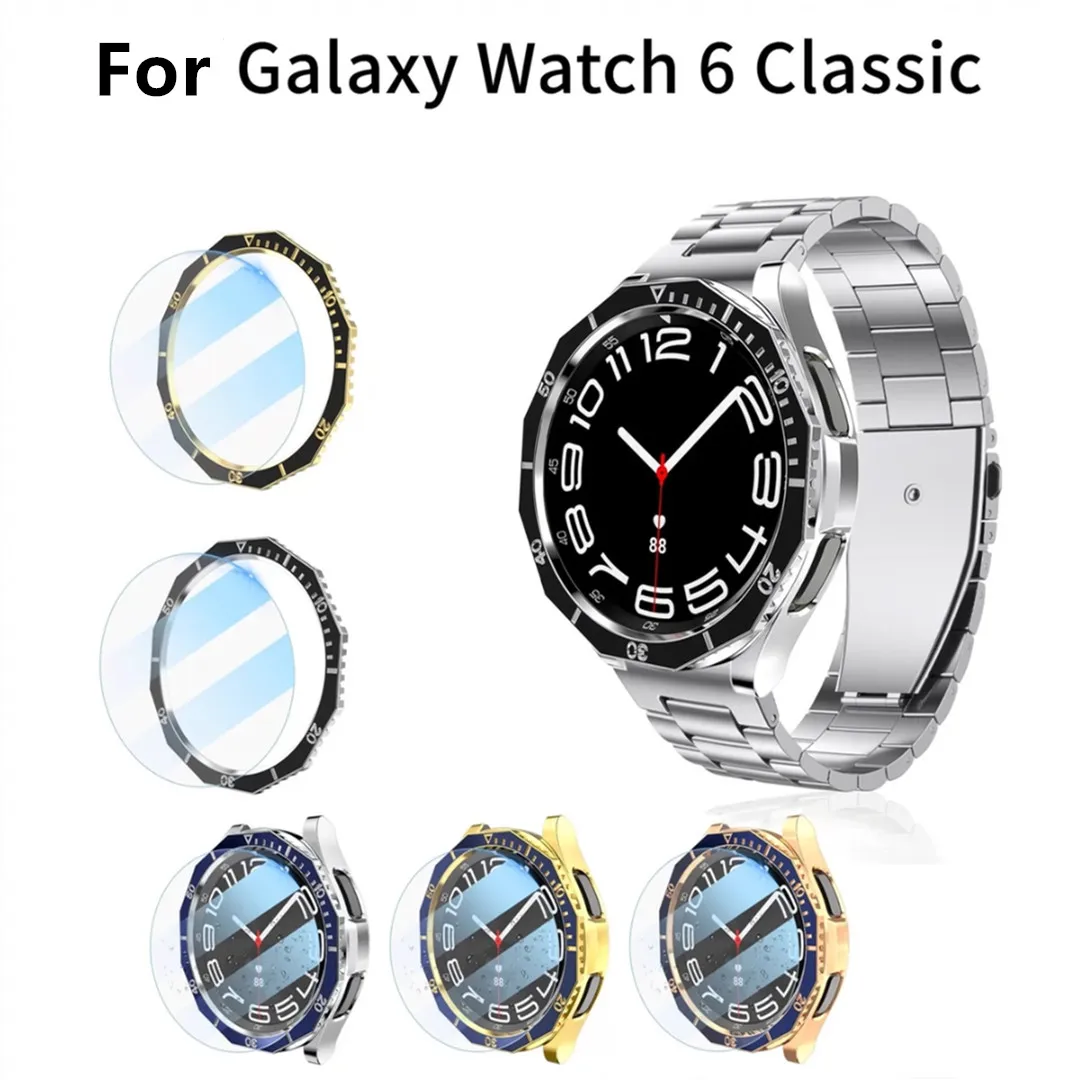 3PCS/Kit Glossy Plastic Mod 3D Time Bezel Ring + Frame Case for Samsung Galaxy 6 Classic 47mm 43mm + 9H Tempered Glass Protector