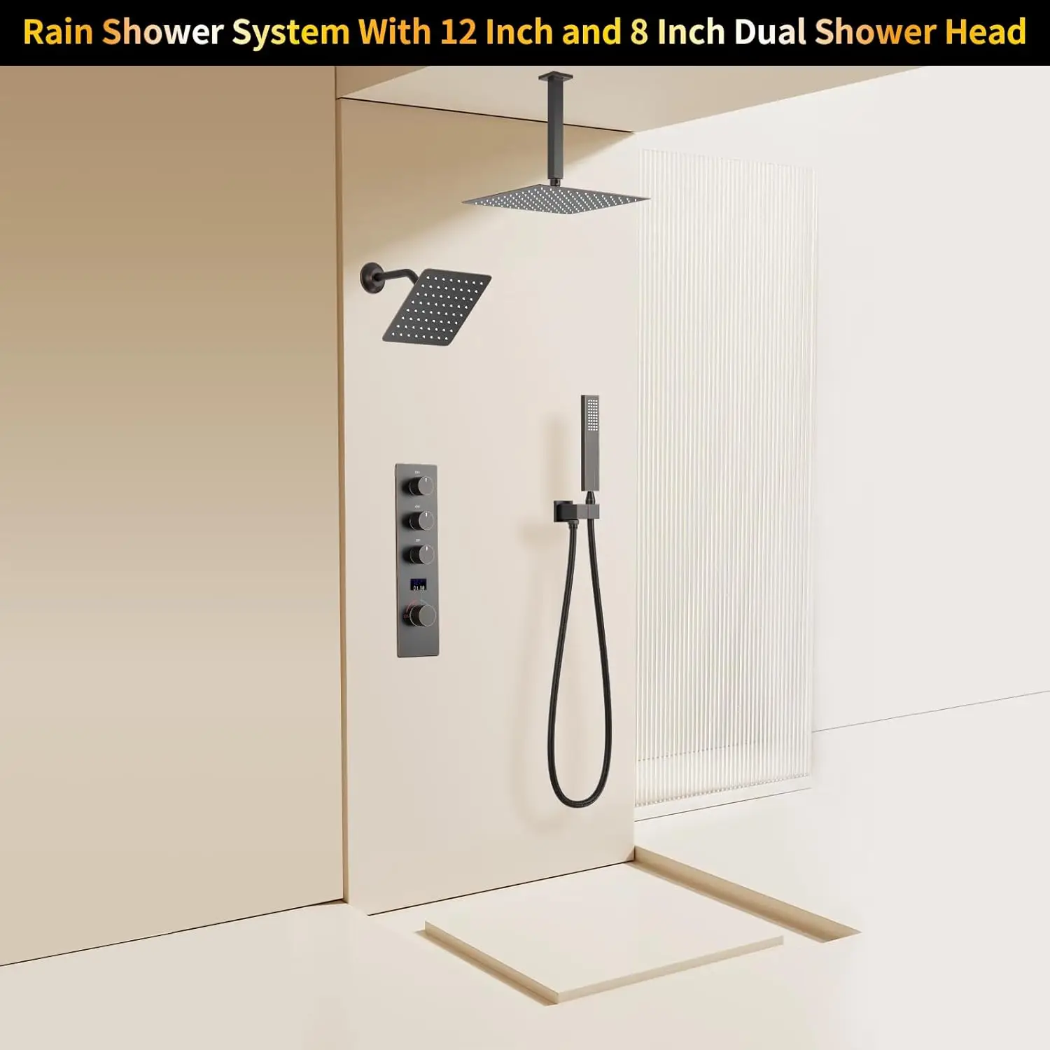 Ayivg Luxury Dual Square Shower Head System Ceiling Mount Temperature Display Shower Faucet Set Oil Rubbed Bronze 12 Inch & 8