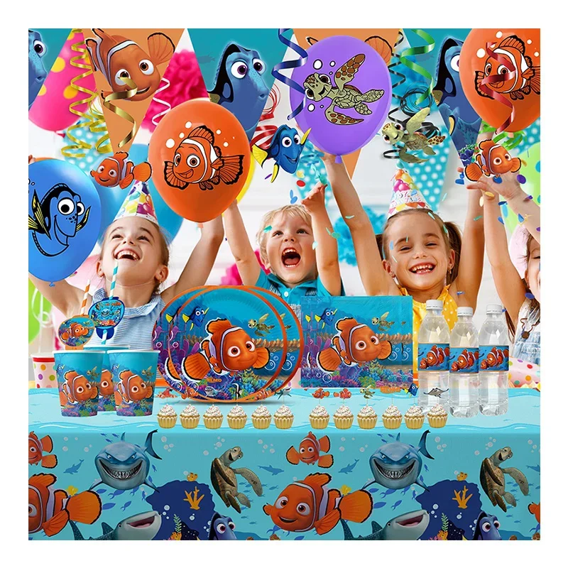 Cartoon Finding Nemo Blue Aluminum Foil Balloon Kit Paper Cup Label for Birthday Wedding Party Gender Reveal Disney Decorations