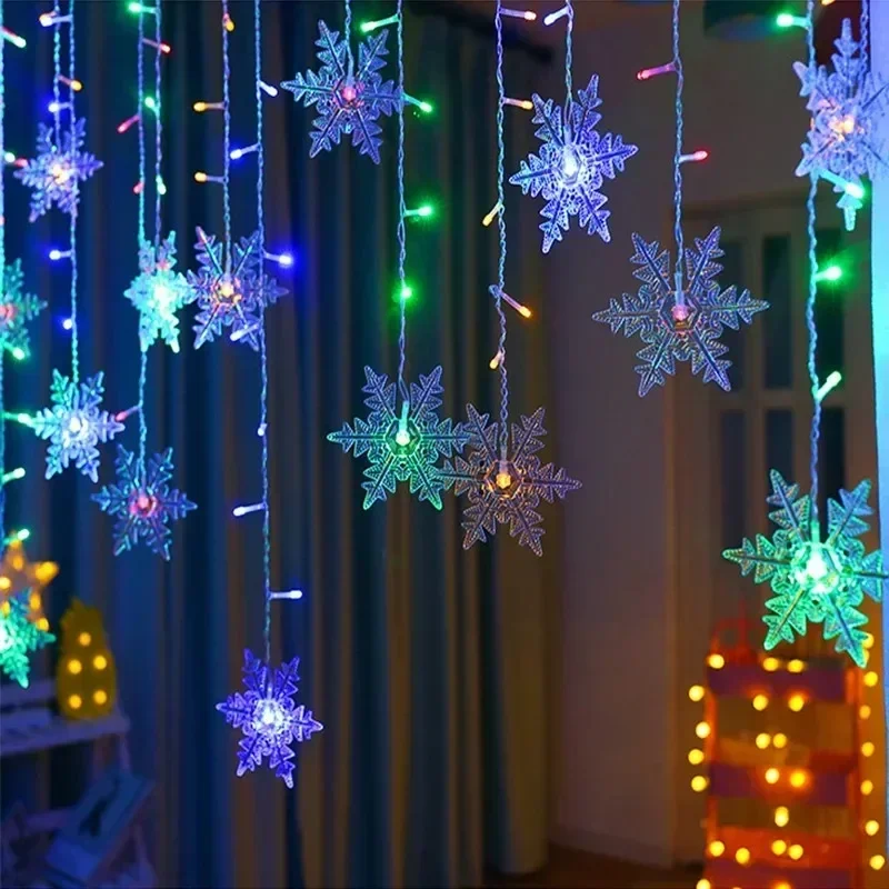 EU Plug Christmas Light Led Snowflake Ice Pillar Curtain Light Curtain Garland Fairy String Lights Outdoor for Home Party Garden