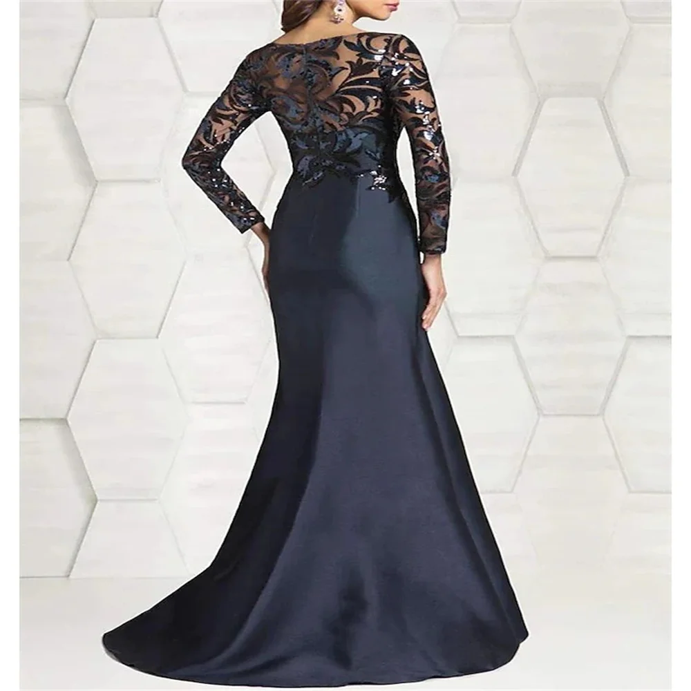 2024 Plus Size Sequin Mesh Mermaid Slim Evening Dress Leaves Pattern Formal Women Elegant Party Prom Gowns Long Sleeve Mother's