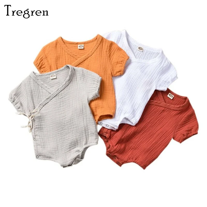 

Tregren 0-18M Newborn Baby Boy Girl Romper Cotton Linen Jumpsuit Summer Short Sleeve Solid Color Casual Bodysuit Outfits