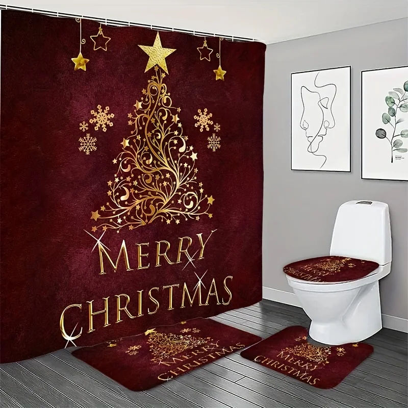 1/4pcs Waterproof Multifunctional Christmas Tree Red Festive Bathroom Set with Non Slip Floor Mat, 12 Hooks, U-shaped Mat, Lid M