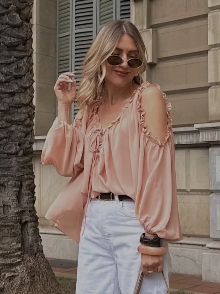 

2025 Elegant Lace Up Ruffles Chiffon Tops For Women Casual V-neck Long Lantern Sleeve Off Shoulder Solid Blouses Lady Loose Tops