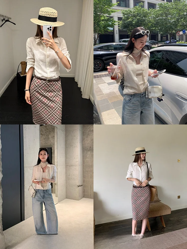 

Xzichic Retro Flax irt Women's Slim Fit Stripe Pattern Waist-Cinching Slimming Top Long Sve Collar Classic Sle