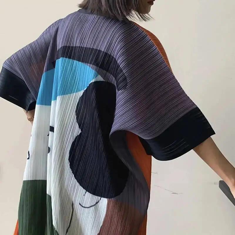 Temperament Colorblock Pleated Women's Long Coat Chic Cardigan Lace Up Design Printed Trench Coat Summer Cloth 2R1IC