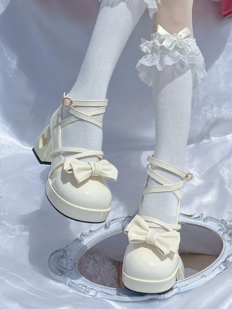 Lolita Kawaii Platform Shoes Sweet and Cute Gradual Change of Color Love Hollow High Heel Small Leather Shoe