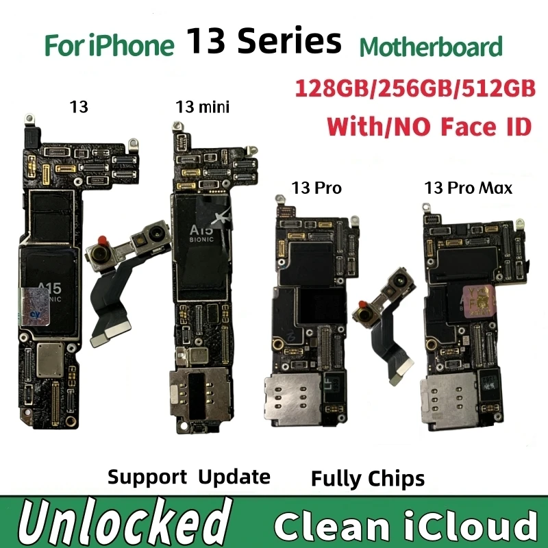 Placa base 100% funcional desbloqueada para iPhone 13 Pro Max con/sin Face ID, placa lógica iCloud limpia para iPhone 13 mini