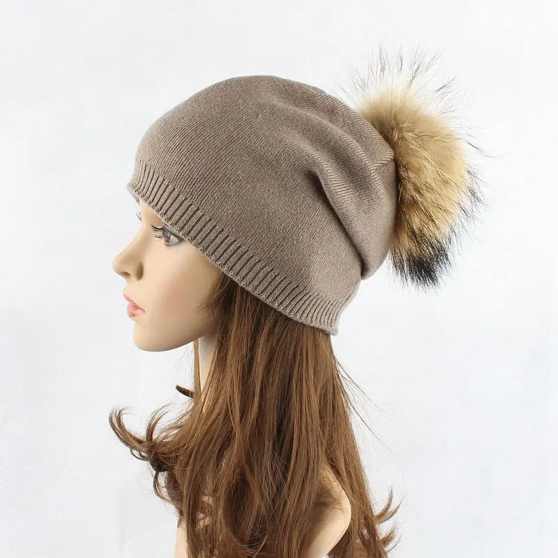 Classic Beanies Cap Women's Beanie Knit Hat with Removable Real Raccoon Fur Pompom