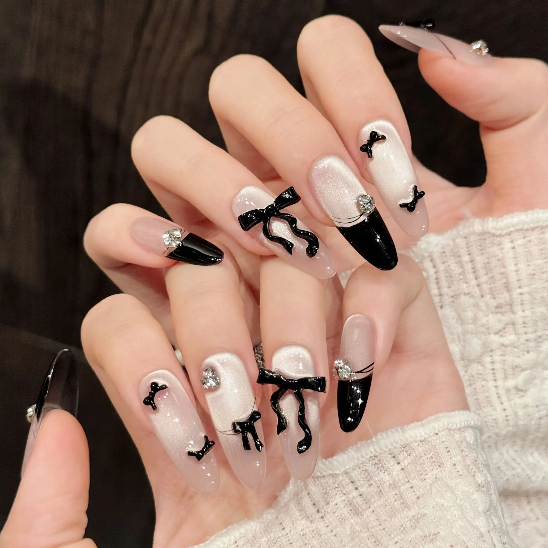 10pcs Handmade Almond French Press on Nails 3D Bow Decor Cat's Eye Fake Nail Tips Wearable Fashion Shiny Gentle False Nails Long
