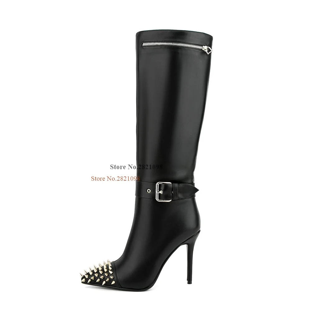 

Black Leather Upper Zipper Womens Fashion Pointy Toe Spike Buckle Strap Thin High Heel Knee High Boots Woman Zip Shoes Cqs