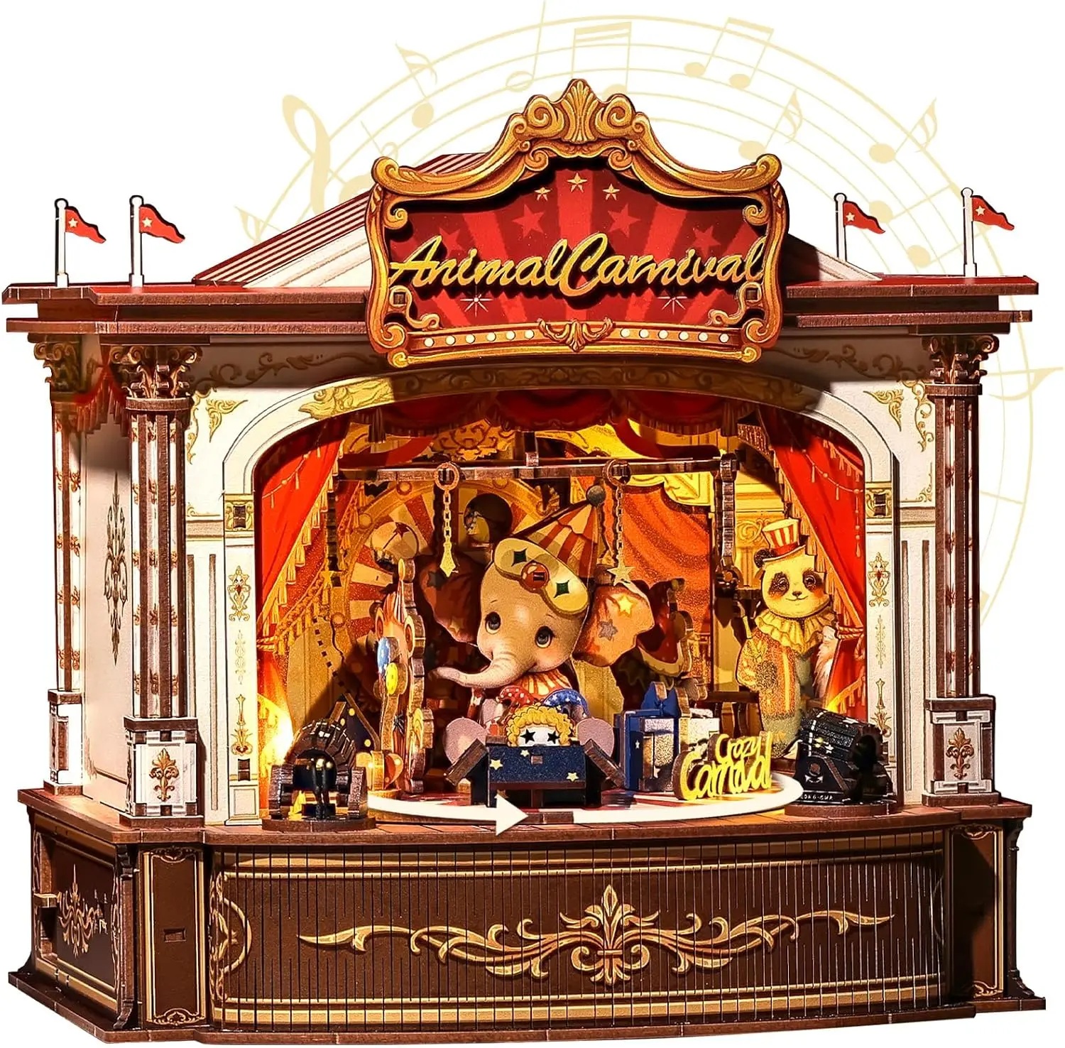 3D Wooden Puzzles Music Box - DIY Theater Model Kit with LED Light, 413 Pcs Rotating Miniature House Kit for Adults, Home Booksh