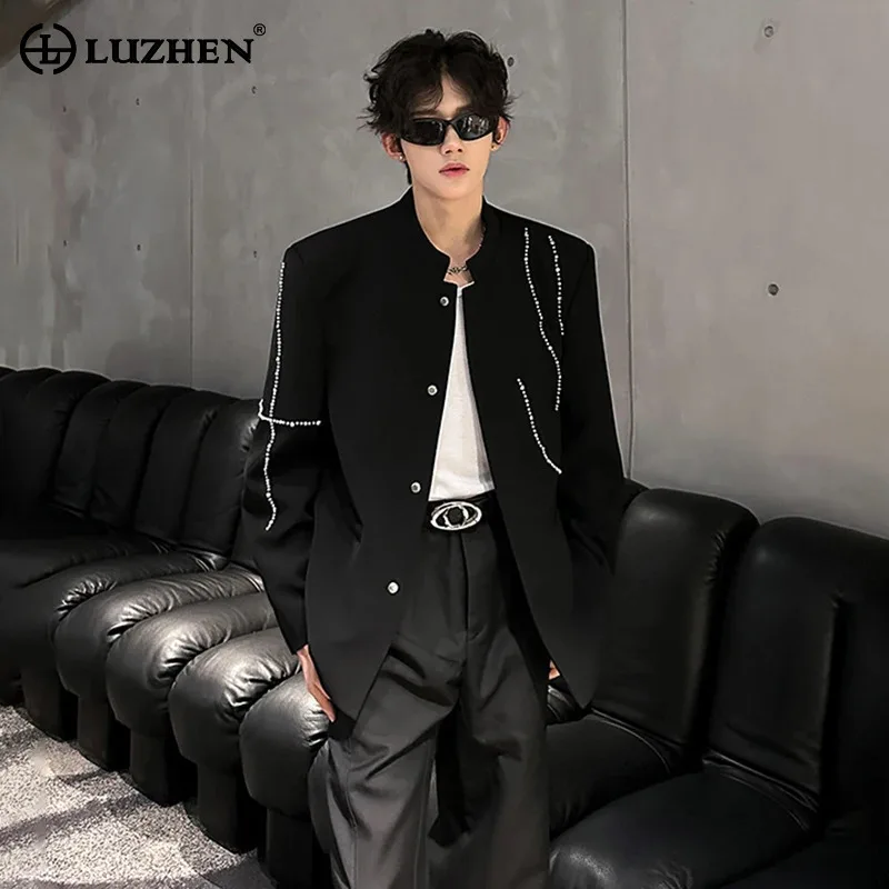 

LUZHEN Original Luxury Pearl Patchwork Decorate Shoulder Pad Casual Jacket Men's 2025 Autumn Trendy Solid Color Clothes JY4587