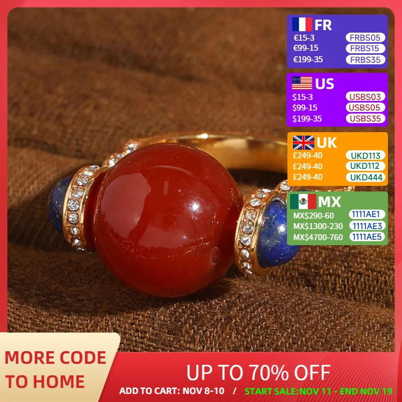 

Vintage Red Agate Ring Horseshoe Rhinestone Woman Crystal Gift Luxury Designer Jewelry Antique Gold Color Accessories 2025