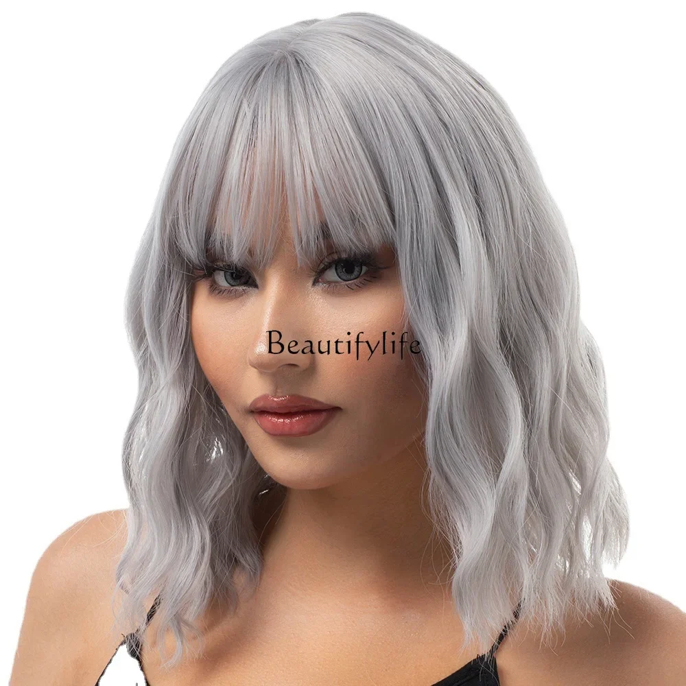 

With bangs short curly hair high temperature silk wig multi-color