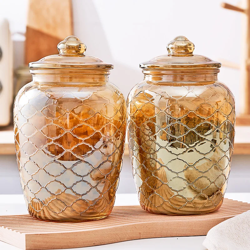 Modern Amber Grid Striped Glass Jar Food Seal Bottle Fruit Pickle Pot Coffee Bean Tea Candy Jar Glass Container Craft Home Decor